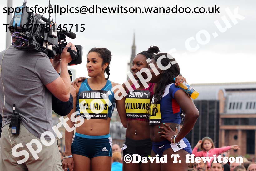 From left to right: Jodie Williams, Bianca Williams and winner Asha Philip, womens 150 metres, Great North CityGames. Photo: David T. Hewitson/Sports for All Pics